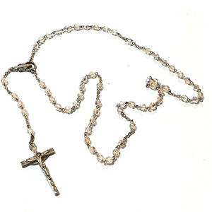 VINTAGE AURORA BOREALIS CRYSTAL VIRGIN MARY MEDAL & CRUCIFIX CATHOLIC 18" ROSARY